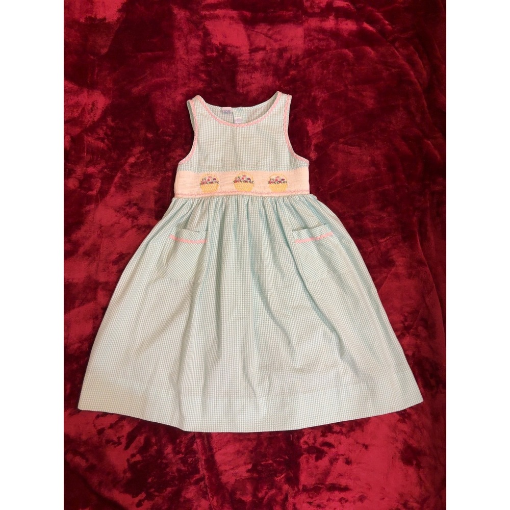 Vive La Fete Girls Blue Gingham Smocked Flower Basket Dress Size 7 Easter Pink